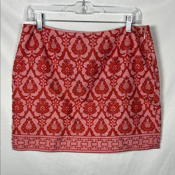 SilkLand Dresses & Skirts - SilkLand Pink and Red Patterned Beaded Mini Skirt Silk and Linen size 10